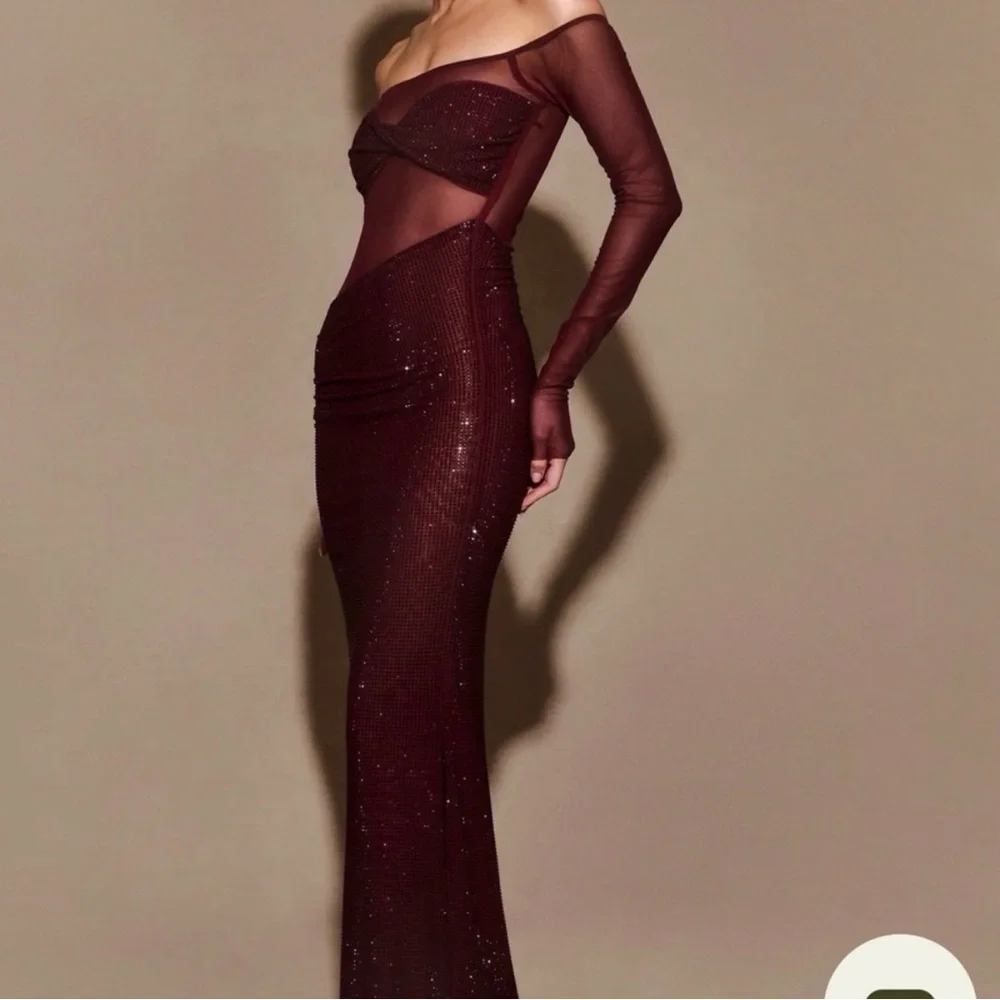 Meshki Burgundy Diamante Off Shoulder Maxi Dress - Mahogany - Picture 3 of 6